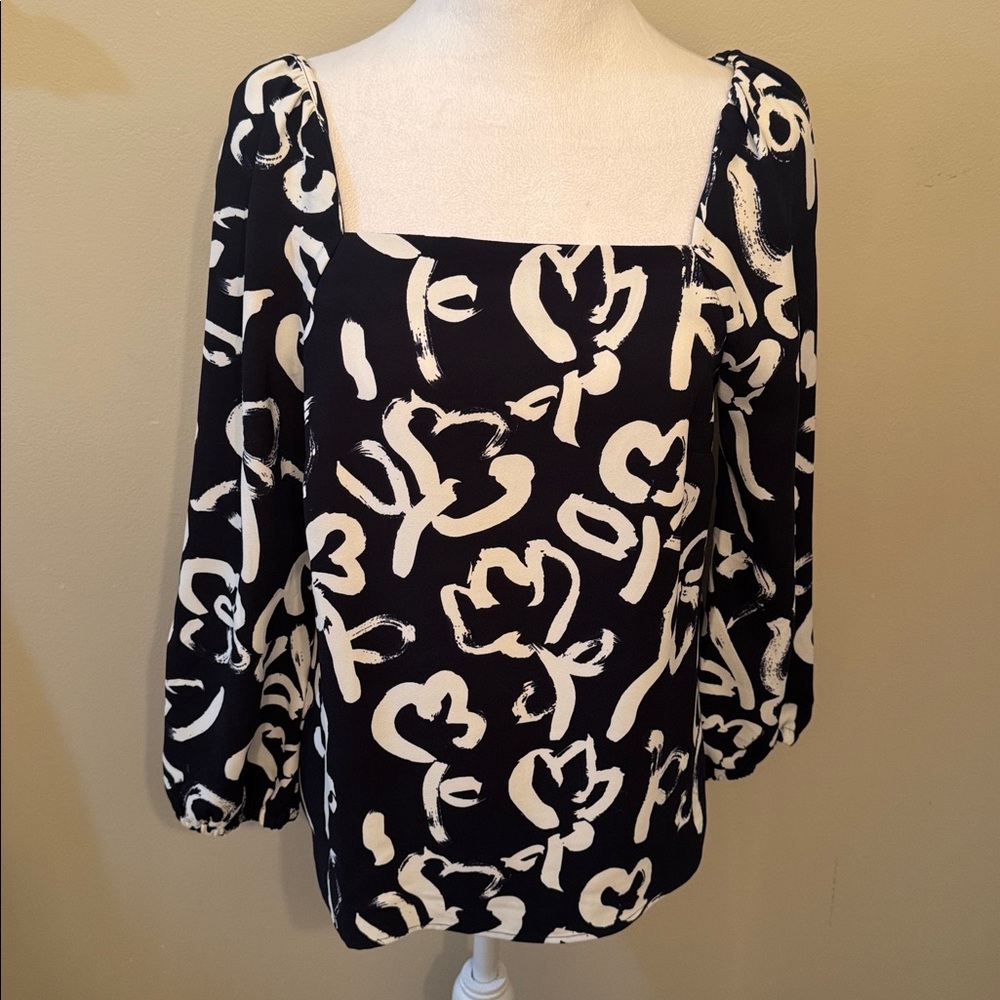 J. Crew 365 Square-Neck 3/4 Sleeve Top in Brushstroke Navy & White Crepe Sz 2
